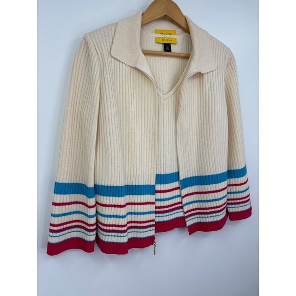 St. John Zip Ribbed Sweater Knit Cardigan & Tank Set Ivory Size Medium Small - Picture 2 of 12